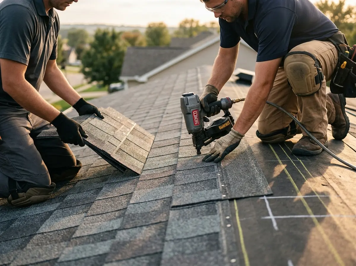Professional roofer working on a residential roof in Eldersburg
